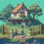 Placeholder: A studio ghibli kinda big house with garden, fence, water well, snake, girl wearing uniform, bear, landscape, pixelart