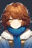 Placeholder: orange short hair, blue scarf, 1girl, sleepy eyes, messy hair, cloak, short girl, yellow eyes