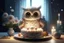 Placeholder: cute chibi plushy fluffy knitted and embroidered natural colored owl with cake in a kitchen, feathers, iridescent flowers incorporated, light emitting, bioluminescent holographic room, silver foil, sparkling diamonds, holographic raw pearls, ethereal, cinematic postprocessing