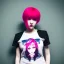 Placeholder: Cyberpunk graphics, android beautiful woman, blue eye ball, red short hair, fine face, smile pink lip, girl ears, sexy petite body, white skin, wearing fit t-shirt