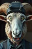 Placeholder: with heading (autofarm) in poster form,a portrait of a fat head mechanic sheepman, man is eating a hybrid mixed body part sheep, giant eyes sheep alien style H.R giger look. as one headed mouth open, rough teeth, turn head