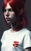 Placeholder: girl, cute, beautiful, red hair, black backwards cap, white tee shirt, head and shoulders portrait by Greg Rutkowski