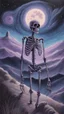 Placeholder: A pastel painting of a skeleton on a hilllookin into the night sky. A nebular in the sky. Painting. Purple colours. Blue colours. Colorful.Pastel colours. Masterpiece.