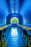 Placeholder: A restaurant whose outer walls are oval in shape, the color of the inside is blue, and its floor is light, with one large table in the middle of the restaurant in the shape of an oval, the length of which is 6 meters.