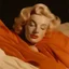 Placeholder: A photograph of marilyn monroe, eyes half closed, with bed hair, melancholy, no make up, in the style of milton greene, pale shiny orange silk scarf around her shoulders,hands undrfcover,beige bacground