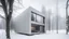 Placeholder: Modern and minimalist house in a winter environment is light gray, with vertical siding that gives it a subtle texture. There are small rectangular windows and a visible door, all emitting warm light from the inside. The house is situated in a snowy landscape, with several bare trees scattered around, suggesting that it is winter or a cold region.