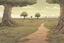 Placeholder: one large tree, bared land, post-apocalypse, front view, foot path, , comic book, cartoon