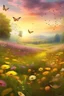 Placeholder: amanecer en una campiña medieval, en plena primavera, lleno de flores silvestres de suaves colores, mariposas y aves diversas se visualizan en pleno vuelo, atmosfera calida, agradable que transmite profunda calma