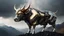 Placeholder: dark portrait of a detailed chrome & gold cyborg bull on a smokey mountains peak. alien mega structures everywhere. futuristic. photoreal