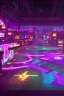 Placeholder: A dark photo of a full panoramic view an 80's aesthetics arcade at night, with a lot of functioning arcade machines, a vaporwave floor and some colorful tiles in between the floor. Purple aesthetics. Full panoramic view.