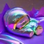 Placeholder: A Teletubbie sleeping in holographic foil