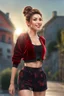 Placeholder: full body ,young woman with clear eyes, messy bun hair, bouncing looking back, soft velvet red/black two piece printed outfit, morning sun, cute, full body, ultra realistic, a variety of small details in the background, hyper realistic, surprised, sweet smile, 8k, HDR, 500px, by Koos Roos