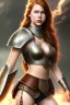 Placeholder: concept illustration, super-detailed, strikingly beautiful teen female, 16 years old, long ginger hair, medium freckles, full lips, full body, full face, b-cup breasts, athletic, centred camera, ignore NSFW, skimpy brown fantasy leather armor, halter top, micro thong, knee-high leather boots, open leather tasset, stern expression,