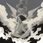 Placeholder: woman sitting forward Her face upward and blows cigarette smoke from their mouth upward. a figure with wings emerging from its back. behind the clouds of smoke look death. dark and mysterious