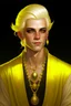 Placeholder: young man tiefling with white blonde hair and gold jewelry, wearing white and gold, wealthy