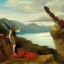 Placeholder: a landscape painting of a [barbarian warrior] holing a ((battle axe)) on a cliff overlooking the sea by Pre-Raphaelite Brotherhood