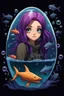 Placeholder: A purple-haired girl locked in a bubble under the sea, with sharks and demon fish, scared, dark sea-colored background, only a few flashes of colorful fish around the bubble