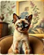Placeholder: Create an old hyper realistic photo of an Oriental shorthair Siamese cat sitting in a chair with curlers on her head. In an old fashioned background with a nice botanical wallpaper, an old painting in the background. A vintage look, soft colors, a grunge filter.