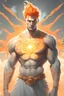 Placeholder: full body picture of a slim muscular god with galaxy's in his eyes, glowing orange hair that looks like it's made of the sun, a light gray body made of clouds with glowing cracks of orange within it in cloud patterns, he wears greek god like clothing that looks as if it's made of ice and water. realistic 4k