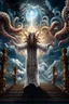 Placeholder: a cross with octopus arms up towards heaven, hair standing straight up, fluffy clouds, intense eyes,looking upwards, white pupils, close facial portrait of the streetwise magician posing in elaborate cape, angels and demons, fireflies , staircase with closed gates of heaven, 4 k, down light, depth of field, trending on art station, high detail, cracked ground