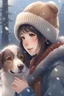 Placeholder: a pretty japanese woman, in winter clothes and hat, snow falling, a dog licks her face, cute, happy, digital art, 4k