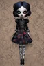 Placeholder: full color, full body illustration of a dark menacing Victorian goth vampire girl, ala Wednesday Addams, as a decayed, broken, crude homemade patchwork cloth doll toy, with contrast stitching across her patchwork face, hair made from ragged strips of cloth, art in the style of Alex Pardee and Tim Burton