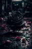 Placeholder: image of a black rose, petals are falling to the ground, each petal has a cinematic scene on it like an old cinema movie scene, one of a fighting couple, the other of them laughing, a third one of a girl crying, the theme is built around the picking of petals while saying he loves me, he loves me not, cinematic lighting, 8k highly detailed, surreal and striking