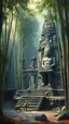Placeholder: An old temple surrounded by bamboo trees with big ancient statues in India with monkeys here and there climbing , Busch painting style nightmare