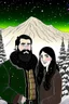 Placeholder: Mountain Christmas scene, dark haired couple, man with black beard