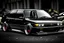 Placeholder: genarate me a image that is modified nissan b211 car with outsided wheels and lights like digital circle with mat black color,wheels should be 20 inch size