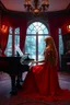 Placeholder: A hyper-realistic , an mysterious woman in all red dress, with very long blonde hair , playing piano in the living room of a huge mansion near a window showing a beautiful garden outside, vibrant colors,, 64K, hyperrealistic, vivid colors, (glow effects:1.2) , 4K ultra detail, , real photo