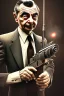 Placeholder: mr bean as the mafia godfather, holding tommygun, 4k, trending art, weird perspective, realism, spray paint, detailed