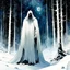 Placeholder: White ghost, Night, forest, snow, blizzard, create in inkwash and watercolor, carnival in the comic book art style of Mike Mignola, Bill Sienkiewicz and Jean Giraud Moebius, highly detailed, grainy, gritty textures, , dramatic natural lighting