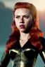 Placeholder: retro portrait image from 1960, sky background, wind, long red hair, fighting stance, sweet young Scarlett Johansson, black dress, classic tight lycra black suit, weapon, gold bracelet and belt, high heel boots, soft color, highly detailed, unreal engine 5, ray tracing, RTX, lumen lighting, ultra detail, volumetric lighting, 3d, finely drawn, high definition, high resolution.