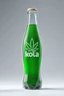 Placeholder: Captivating and hyper-realistic image of a futuristic cola bottle called "Kannabis Kola". The bottle has a sleek design with a prominent modern logo of a green cannabis leaf. Frost covers the bottle, creating a frosty effect with water droplets forming on its surface, emphasizing the freshness of the drink. The liquid inside appears green, adding a vibrant touch to the overall design. The minimalist bottom allows the innovative and eye-catching bottle to take center stage