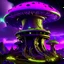 Placeholder: A fantabulous black, purple and green (((mushroom tower house))) erected atop a (geologic pillar), surrounded by the uncanny imaginative ((( swirling skies))), offset by the stark hues of a (neon-tinged nebulous space scape), within. captured by the hand a skilled master painter with a focus on (softly blurred compositions and voluminous lighting).