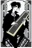 Placeholder: goth male necromancer with black hair playing a autoharp in the style of Aubrey Beardsley