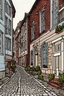 Placeholder: streetscape illustration showcasing an old corner and street . Cobblestone pathways, historic buildings with charming architectural details,line drawing ,vived colors