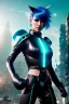 Placeholder: Futuristic amime warrior, waist up portrait, physically fit, latex and leather attire, green hair, blue eyes, one pair of ears, intricate eyeliner, vibrant eyeshadow, clear completion, soft lighting, 4k resolution, intricate details, insanely detailed, colorful cityscape background, masterpiece, expert, cinematic smooth, retroanime style, realistic details, no helmet