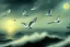 Placeholder: seagulls flying over the sea in the evening, oil painting deviant art wallpaper