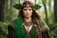 Placeholder: Subject & Action: A low-angle portrait capturing a fierce, youthful woman druid of Celtic lineage. She stands with a determined, vengeance-filled expression, looking directly into the lens. Her newly appointed druidic robes—made of textured, green and brown wool and adorned with rough wooden beads, embroidered leaf patterns, and small animal skull fetishes—are slightly wind-blown. She holds a gnarled wooden staff in her left hand and grips a stone-tipped dagger in her right, ready for battle. E