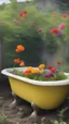 Placeholder: A Bathtub Al of it filled with dirt to the top, and in growing a colorful flowers , some of them are tingling down on the sides in an abandoned backyard