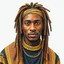 Placeholder: create a black and dark skinned man, a brown and gold dashiki, black pants, brownish gold dreadlocks pencil image