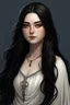 Placeholder: a 16 year old woman, white skin, long wawy black hair, beautiful round face, black eyes, round body, in a white dress, realistic epic fantasy style