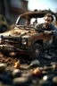 Placeholder: portrait of man stuck in small smashed up and deformed car after a crash sticking his feet out of the bottom like Fred Flintstone,shot on Hasselblad h6d-400c, zeiss prime lens, bokeh like f/0.8, tilt-shift lens 8k, high detail, smooth render, down-light, unreal engine, prize winning