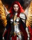 Placeholder: Gorgeous Photography Beautiful Woman dressing silver and golden knight armor with glowing red eyes, and a ghostly red flowing cape, crimson trim flows throughout the armor, golden and silver spikes erupt from the shoulder pads, silver and gold angel wings, crimson hair, spikes erupting from the shoulder pads and gauntlets sin hellfire background