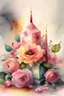 Placeholder: MAGIC A PYRAMID CANDLE IS BURNING AROUND WONDERFUL FLOWERS English watercolor, Smoky cream, pale gray, pale pink, pink background. bright light, a bouquet of roses on the table are pale pink, pale bordeaux, white, ochre. green stems, the light is translucent. Watercolor, fine ink drawing,