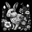 Placeholder: a beautiful rabbit between seeds and big flowers black background .black and white colors. for coloring . with grayscale