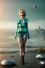 Placeholder: Ultra Realistic retro sci-fi 1960 scene, waist up view portrait, blonde woman, sweet young Marilyn Monroe face, perfect iris, tight latex coat, alien planet background, tight style, steel sphere dron levitating, fog, rain, soft color, highly detailed, unreal engine 5, ray tracing, RTX, lumen lighting, ultra detail, volumetric lighting, 3d, finely drawn, high definition, high resolution.