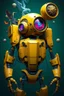 Placeholder: A hyper-realistic 3D Surreal digital painting, yellow droid mechanic, rich deep teal background, dreamlike imagery, fantastical elements, perfect body ,dymond ,